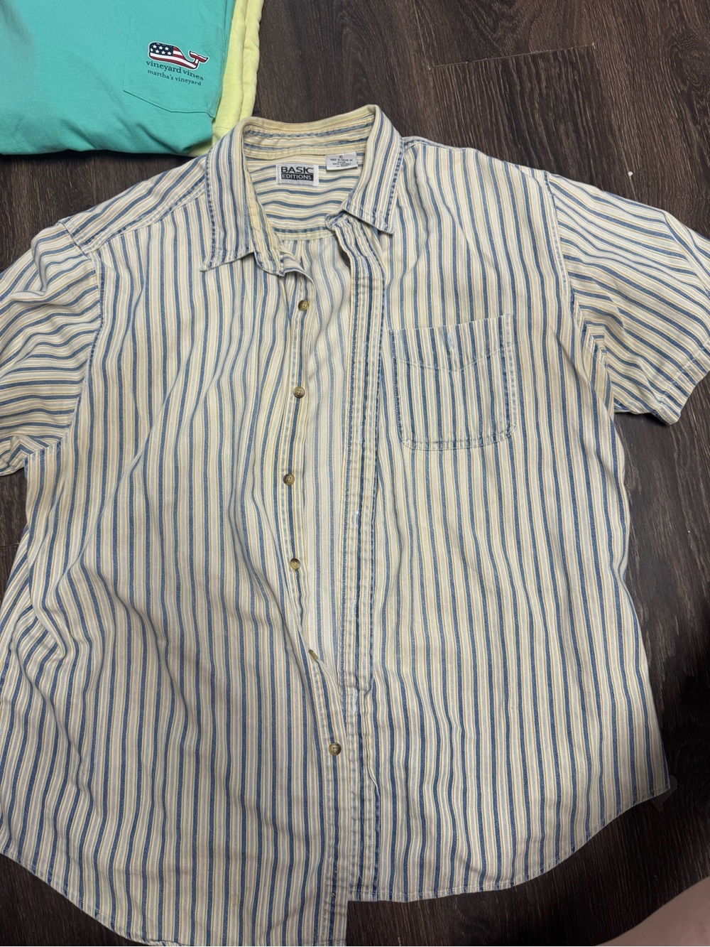 Vintage Basic Editions Men’s Short Sleeve Striped Button-Up Shirt - Blue & White